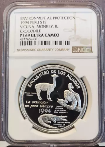 1994 PERU SILVER 1 SOL VICUNA MONKEY & CROCODILE NGC PF 69 ULTRA CAMEO TOP POP