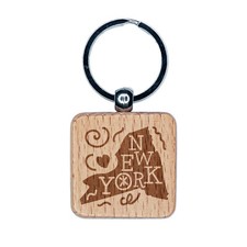 New York State with Text Swirls Engraved Wood Square Keychain Tag Charm