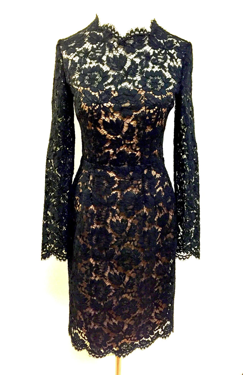 VALENTINO Black Lace Nude Lining Bow Detail Cocktail Evening LBD Dress Sz4