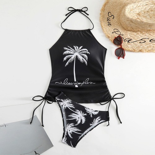 Kokosnuss Kordelzug Seite Sommer Frauen Strand Baden Neckholder Tankini Set Anzug - Bild 2 von 39