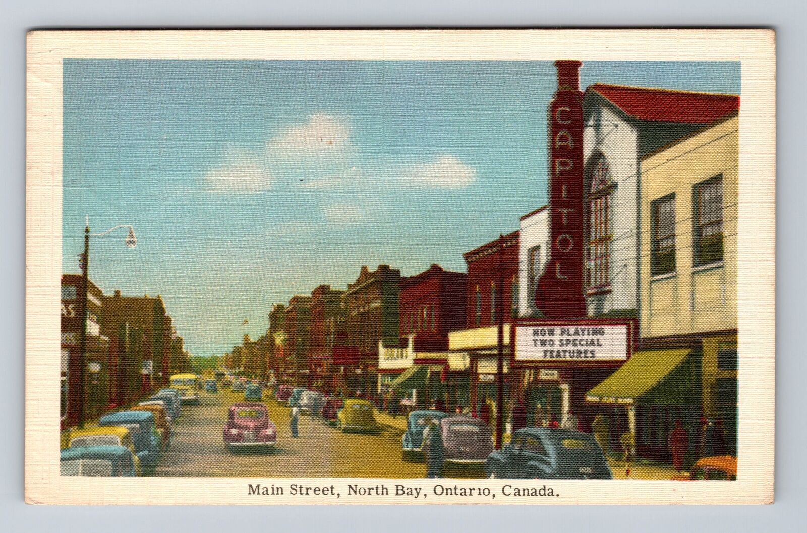 North Bay Canada, Main Street Capitol Theater 1940's Cars Vintage c1949 Postcard