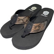 Yellow Box Flip Flops Brown Shiny Snakeskin Black Comfort Wedge Sandals Yamita