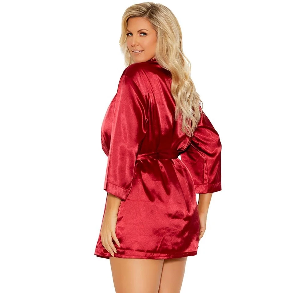 Bata roja satinada cierre corbata faja cinturón mangas 3/4 estilo kimono 11022 talla grande 4X Foto 2 de 4