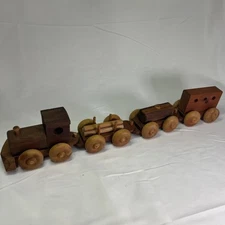 Vintage Handcrafted Wooden Toy Train Stained  Finish 24"  Four Cars