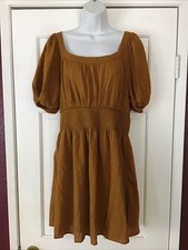 Old Navy Golden Brown Short Puff Sleeve Smocked Waist Mini Dress Size Large