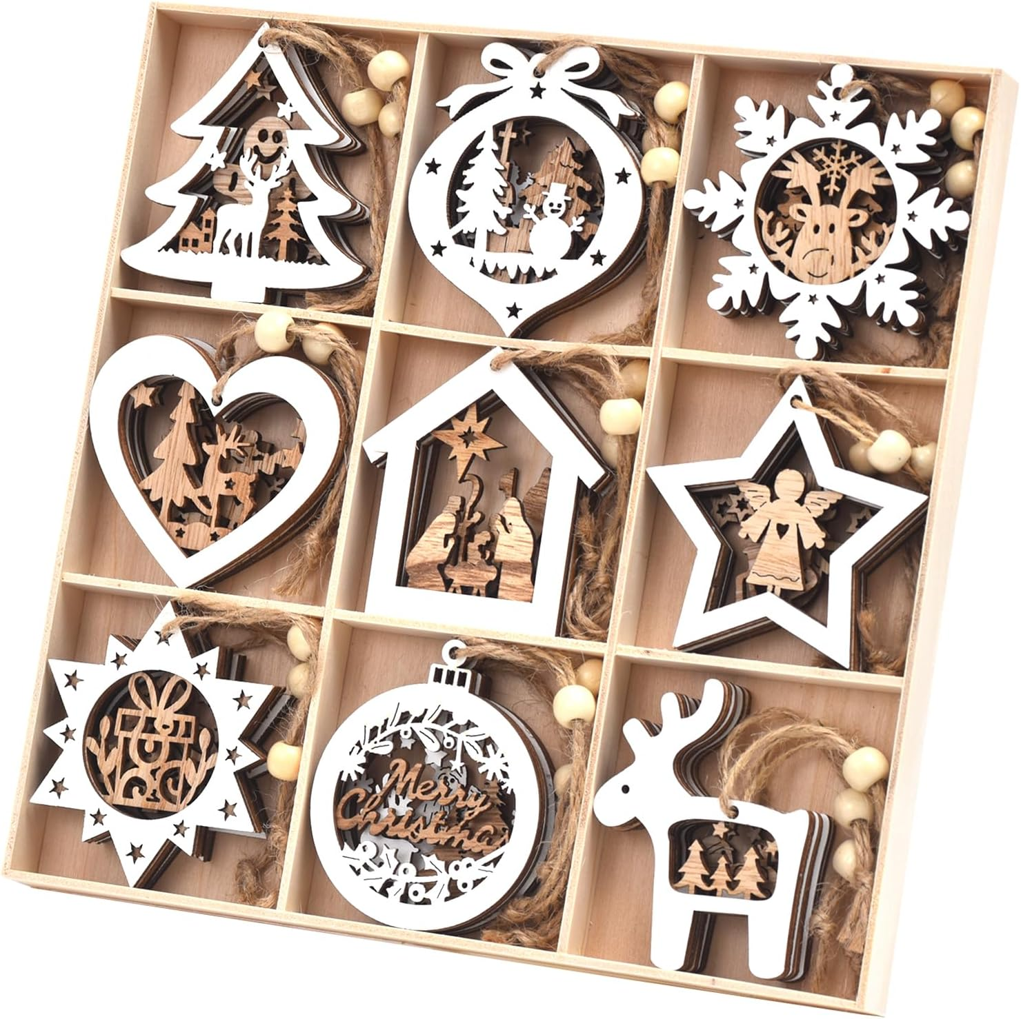 Wooden Christmas Tree Ornaments, 27Pcs 3D Hanging Christmas Decorations, Rustic