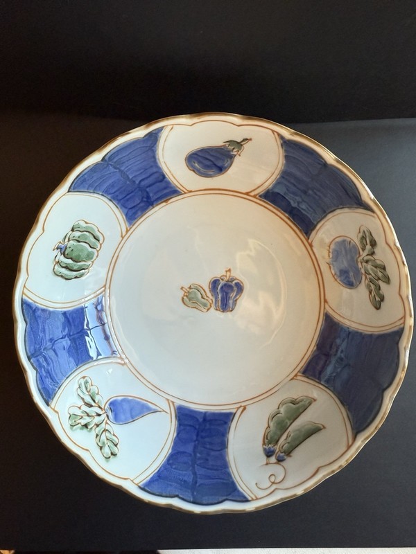 JAPANESE Porcelain Serving Bowl, Blue and White, Eggplant, Snap Peas & Peppers