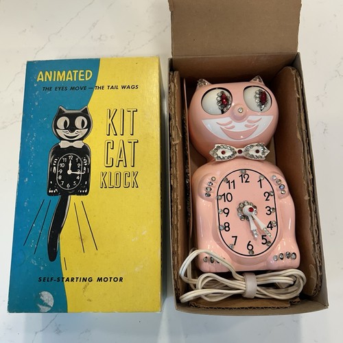 Vintage Kit Cat Klock - Jeweled Pink Clock In Original Box Working