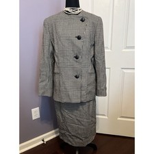 Vintage Carlisle Women's Black White Wool Plaid Skirt Suit Midi Blazer 4 S