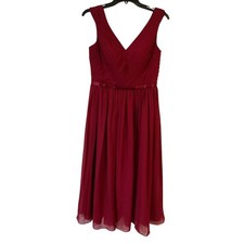Burgundy Chiffon V-Neck Pleated Bodice A-Line Bridesmaid Cocktail Dress Midi