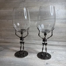 Halloween Skeleton Wine Glass Metal Stemmed Set/2  14.25 0z Silver