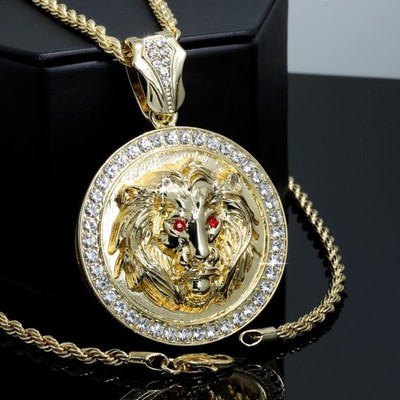 Lion Round Pendant Red Eye Iced Cubic Zirconia 4mm Rope Chain 14k Gold Plated CQ