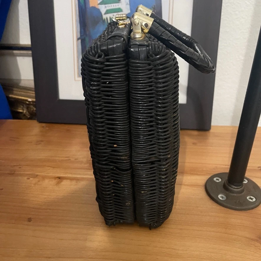 Cartera vintage hecha a mano de mimbre negro ratán asa envuelta años 60 Hong Kong Foto 2 de 4