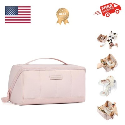 Travel Makeup Bag for Women, Fluffy & Lightweight Open Flat Cosmetic Organize...