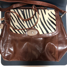 Genuine Leather Zebra Print Panel Shoulder Bag Brown Tan Large Tote Satchel