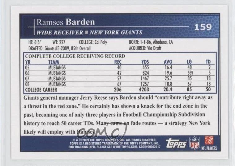 2009 Topps Kickoff Ramses Barden #159 Rookie RC - Image 2 of 2