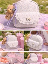 Floral Kids Backpack, Teddy Bear Keychain, Heart Charm, Canvas, Purple/White