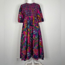 NWT FARM Rio Rainbow Macaws Smocked Puff Sleeve Midi Dress Tropical Resortwear