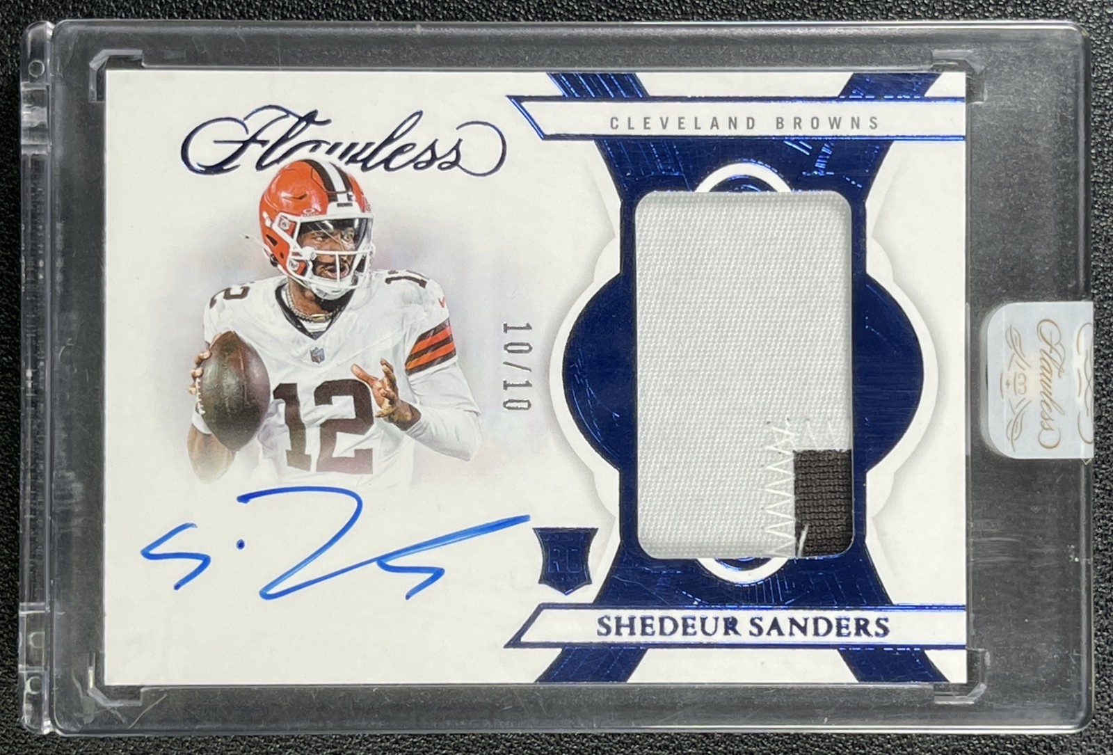 SHEDEUR SANDERS 2025 PANINI FLAWLESS ROOKIE PATCH AUTO SAPPHIRE RC 10/10 BROWNS view 1
