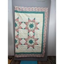 Handmade Lone Star Patchwork Quilt Teal Coral Cream Floral Hand Stitched 67"x84"