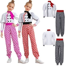 Unisex Kids 3Pcs Chef Outfits Cospaly Costume Plaid Round Neck Top with Pants