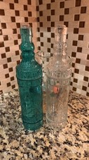 Set of Two Decorative Glass Bottles w/ sealed Cork Stoppers, Teal and Clear