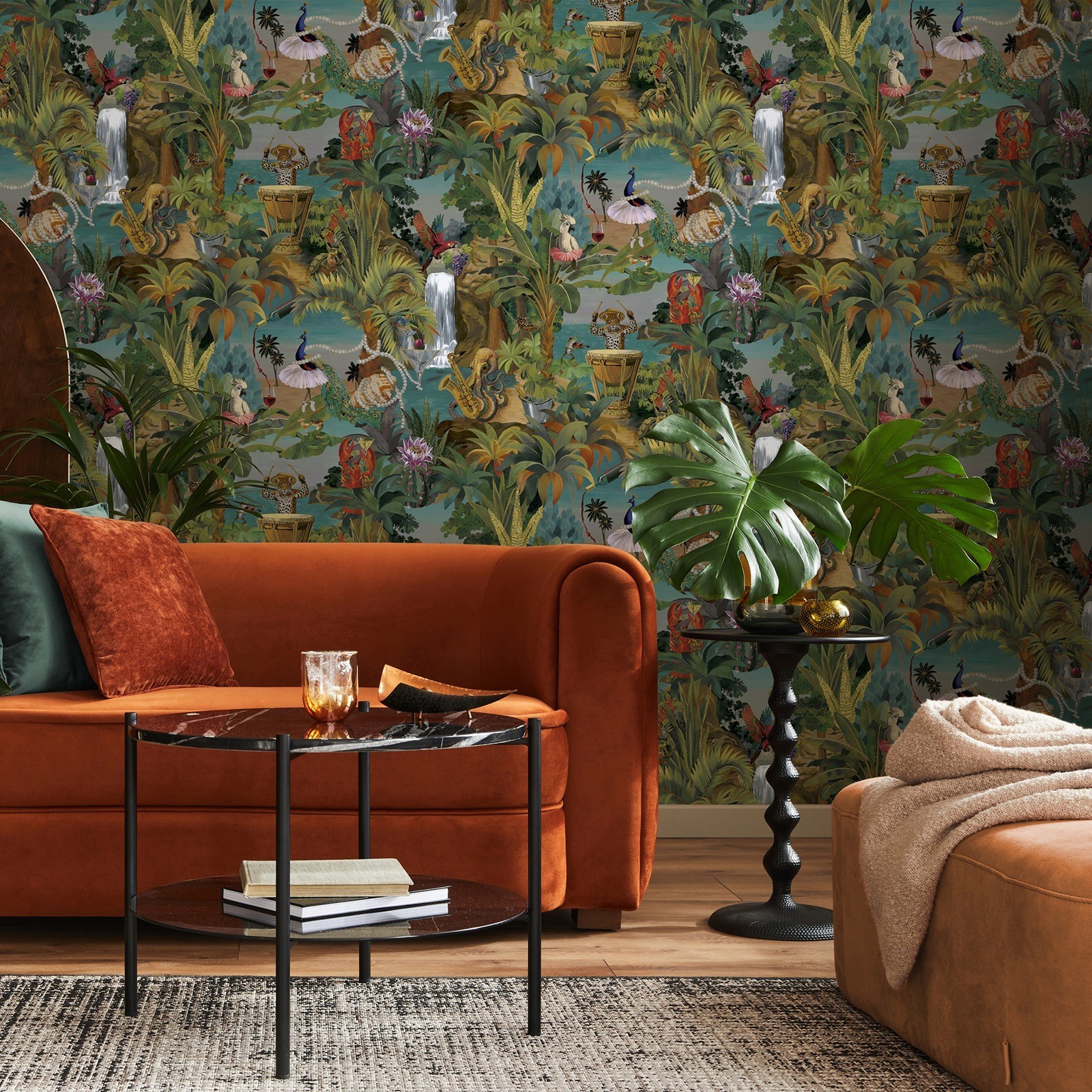 Multi Tropical Animal Wallpaper Beach Party Tigers Snakes Quirky Feature Wall