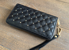 Black Quilted Zip Around Wallet Wristlet Gold Studded Faux Leather NWOT