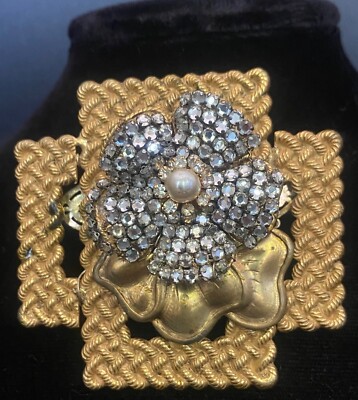 Magnificent Rare Miriam Haskell Signed Brooch Gold Filigree Rhinestone Vintage