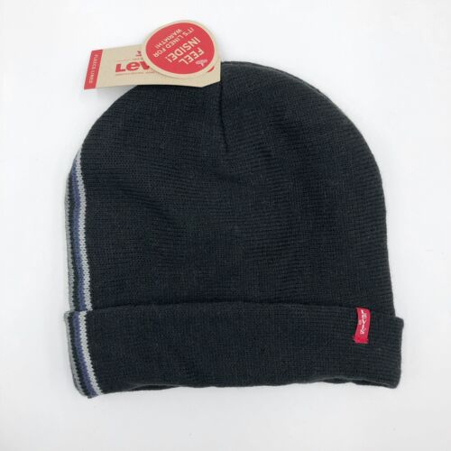 NEW Levi's Black Side Stripe Cuff Beanie Hat Fleece Lined One size - Picture 1 of 6