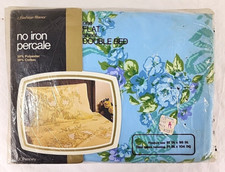 Vintage JC Penney No Iron Percale Flat Double Sheet Blue Floral NEW
