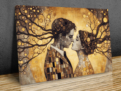 Couple facing each other Klimt style mounted canvas print ready to hang