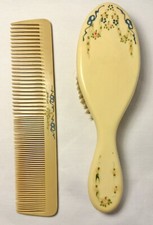 Antique Celluloid Brush and Comb Set Handpainted Blue And Pink Flowers
