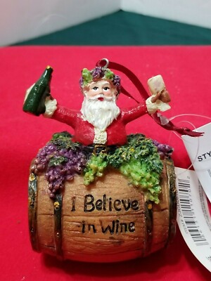 KURT ADLER SANTA IN BARREL I BELIEVE IN WINE CHRISTMAS ORNAMENT 4.5'' NEW