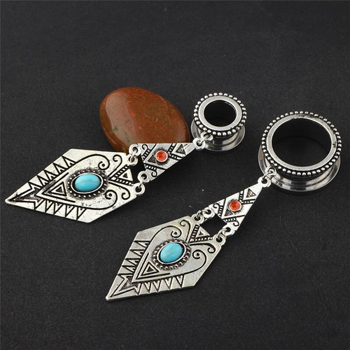 2X Blue Tribal Turquoise Dangle Ear Plug Red Crystal Screw Flesh Tunnel 6mm-18mm - Picture 3 of 10