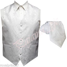 WHITE XS to 6XL Paisley Tuxedo Suit Dress Vest Waistcoat & Neck tie Wedding