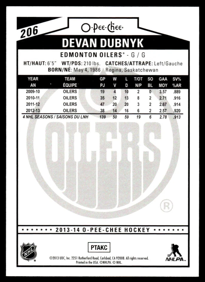 2013-14 O PEE CHEE RAINBOW Devan Dubnyk Edmonton Oilers #206 R96 - Image 2 of 2