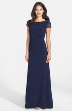 Eliza J Embellished Sleeve Shirred Jersey Gown (size 10)