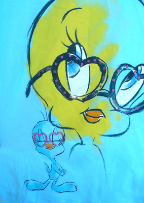LOONEY TUNES TWEETY BIRD WOMEN T SHIRT HEART GLASSES L LACE HEARTS