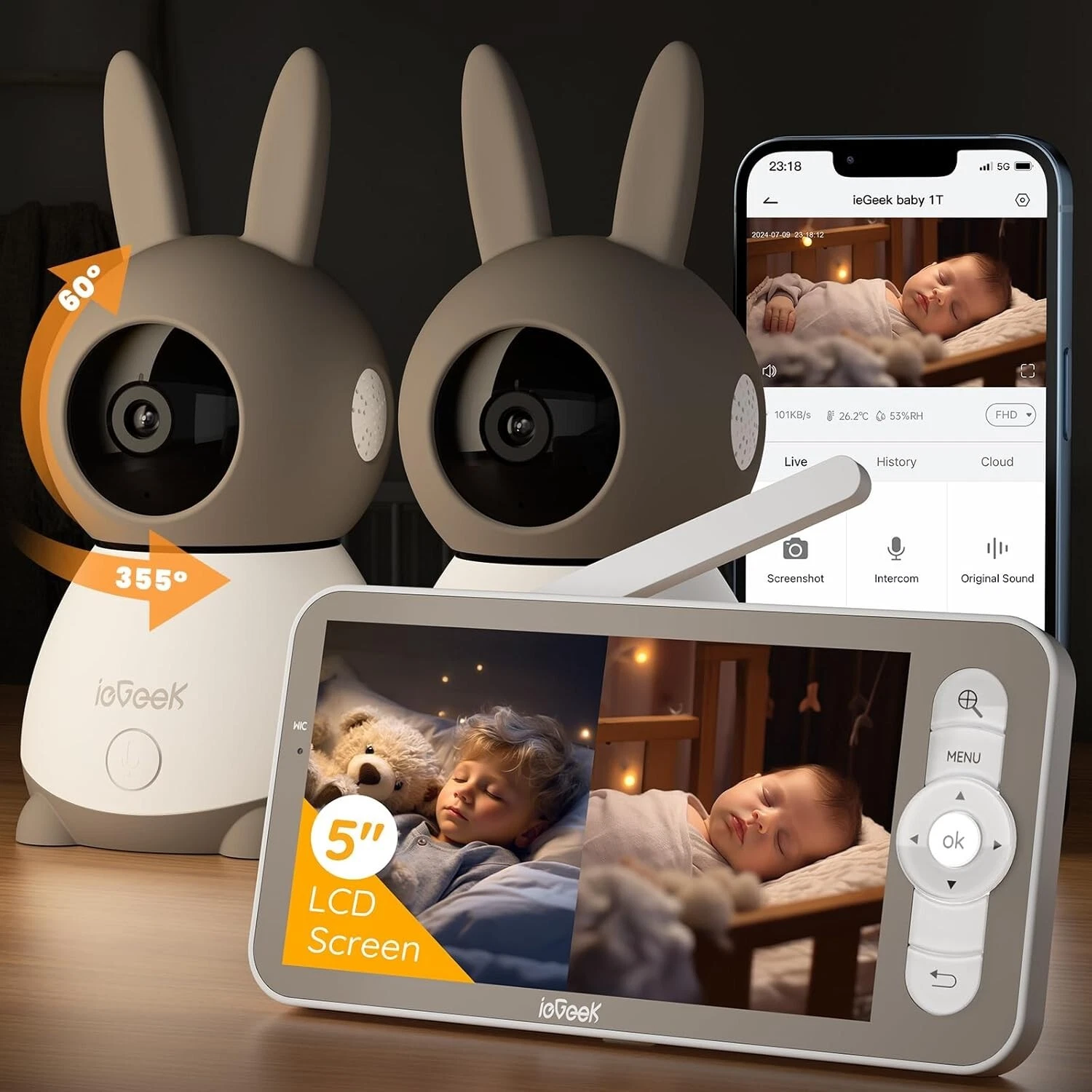 ieGeek 2K Split-Screen Baby Monitor, 5" Audio Baby Monitor with 2 Cameras, WiFi
Opens in a new windo