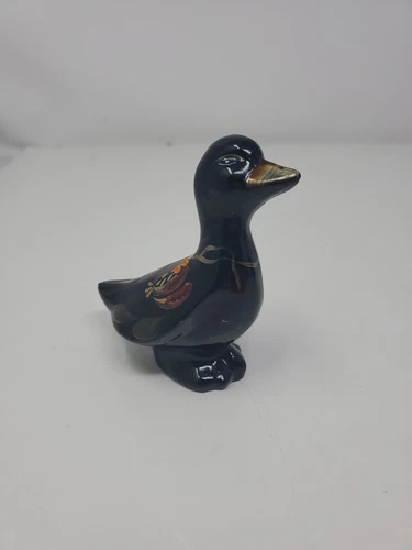 Hand Painted Fenton P. Lauderman Black Glass Duck Figurine