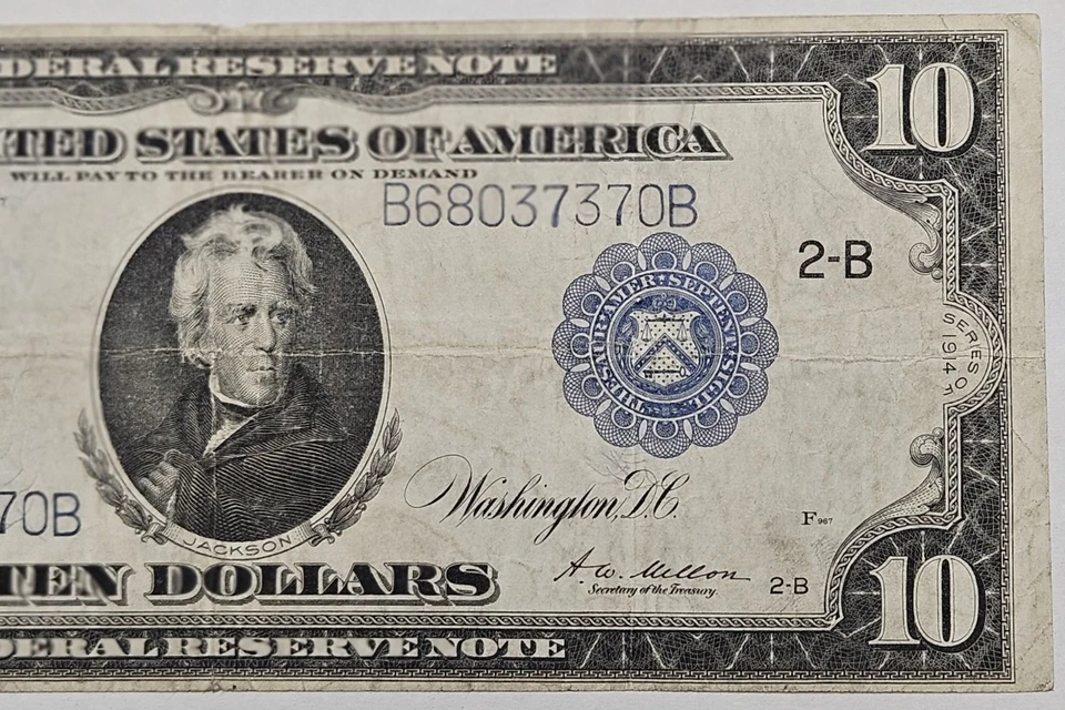 1914 $10 Dollar Federal Reserve Note New York FR#911C White-Mellon Type 3 d218 - Image 3 of 4