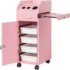 Salon Storage Utility Trolley Cart with Wheels & 3 Hair Dryer Holders &4 Drawers