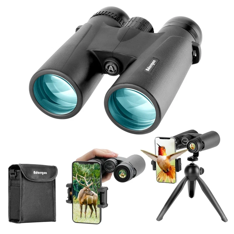 high powered 12x42 binoculars with phone adapter and tripod
