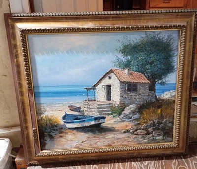 Vintage 1993 Greek coastal oil painting signed ΑΡΓΥΡΗΣ .93 in lower right. 