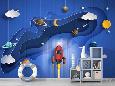 3D Cut Paper Space Rocket Planet Wall Murals Wallpaper Murals Wall Sticker 2