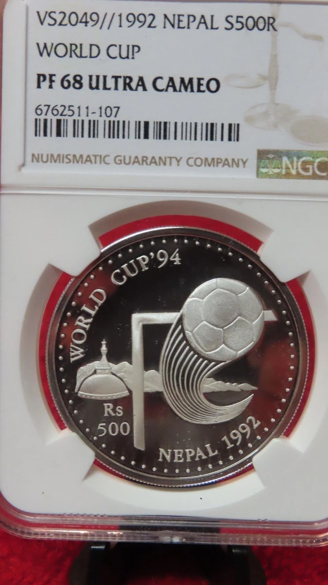 Nepal 1992 World Cup Silver 500 Rupee 1oz 925 Silver NGC PF68