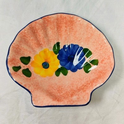 Vintage Spanische Handbemalte Muschel Schale Floral Keramik Schmuckschale 13 cm