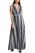 Vince Camuto Womens Metallic Gown Stripe Sleeveless V-Neck 6 Gunmetal - NWT $278