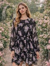 LoveShackFancy Silk Ethel Mini Dress Black Lavender Floral Clip Dot S Lilac